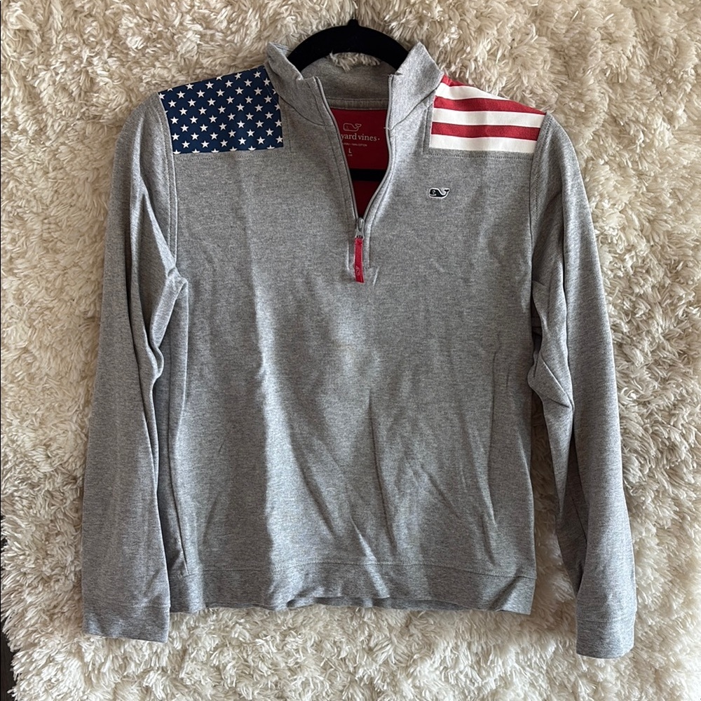 Vineyard Vines Youth Gray Quarter-Zip Pullover with American Flag Accents